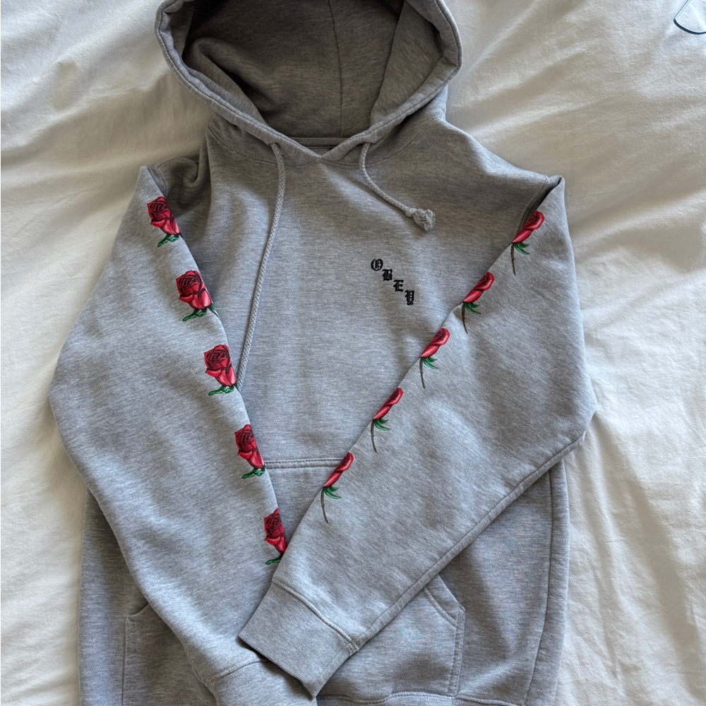 Obey Gray Hoodie with Floral Embroidery